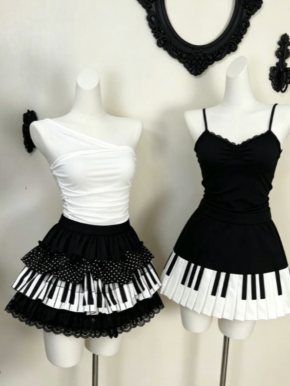 Street Fashion Vintage - 2026 Y2K Aesthetic Piano Print Ruffle