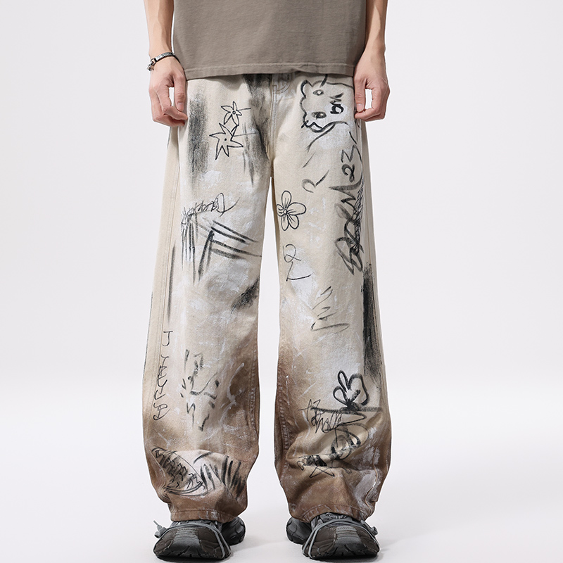 Street Fashion Vibes - American High Street Graffiti Ripped Jeans